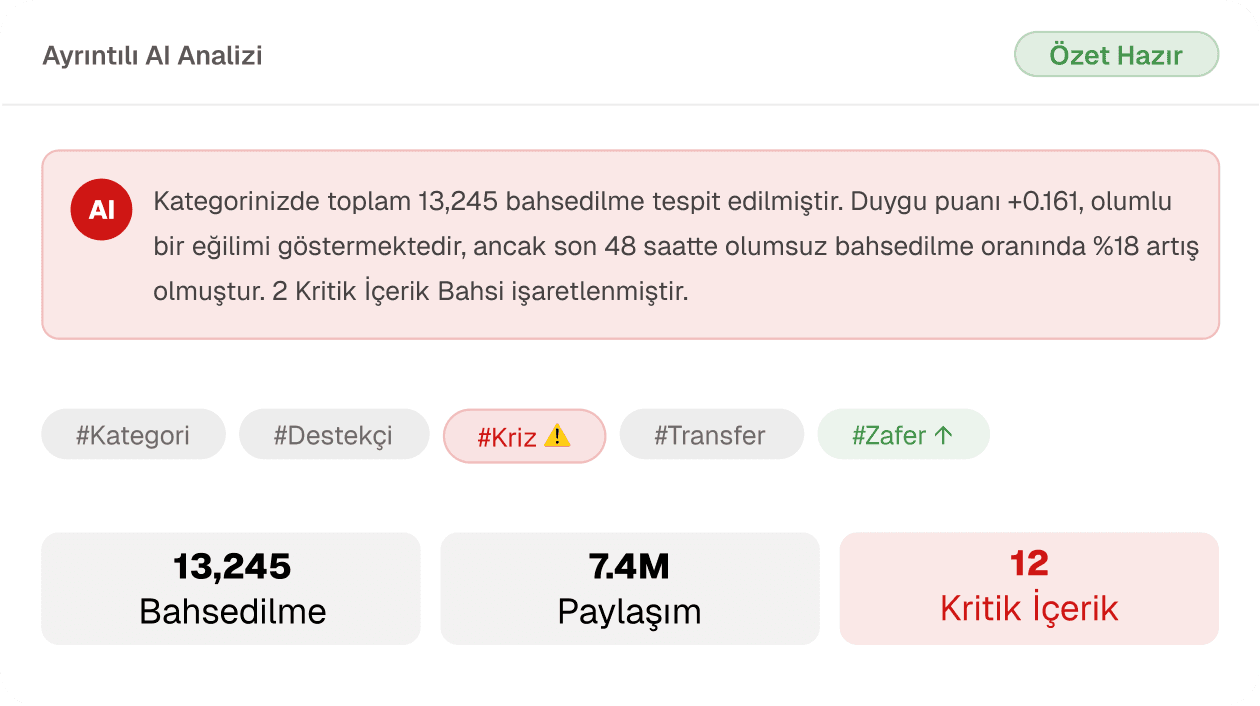 Bahsetmeler ve duygu puanıyla ayrıntılı yapay zekâ analiz özeti