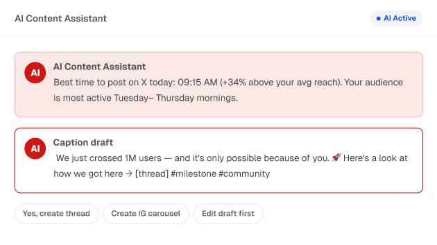 AI content assistant suggesting the best time to post and a caption draft